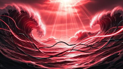 Dramatic red ocean waves with glowing neon lines under vibrant sunset
