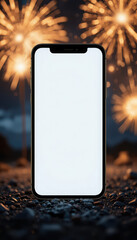 Mobile Phone Mockup standing on Ground with Golden Fireworks in Dark Night Sky, Valentine's Day Flat Lay with Red Gift Boxes 