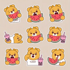 Fototapeta premium Cute cartoon bear stickers enjoying watermelon and boba tea