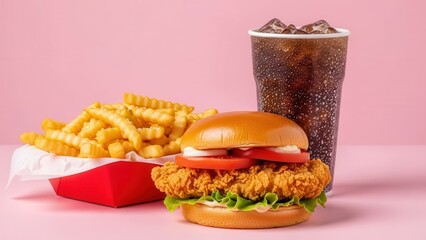 A commercial background image of a value meal with a crispy fried chicken sandwich, golden fries, and a cold soft drink on a vibrant pink background for advertising.