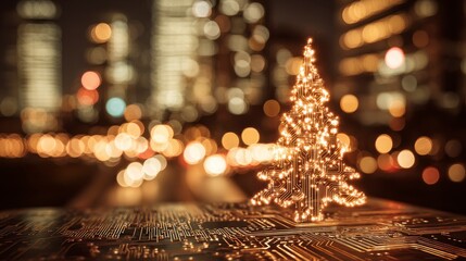 Illuminated holiday tree ornament on a circuit board, with city lights blurred in the background at night