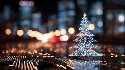 Illuminated holiday tree against a blurred city backdrop, symbolizing connection and technological advancements in a festive context
