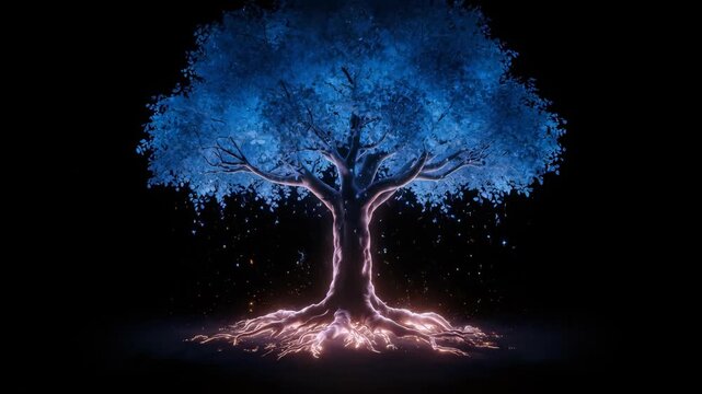 Stunning 3D render of a magical tree featuring luminous orange roots and dark foliage on a black background, concept for fantasy gaming, spirituality exploration and mystical branding