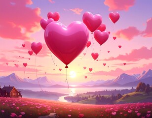 Pink heart-shaped balloons soar above a scenic landscape at sunset