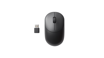 Wireless computer mouse in sleek black design with USB receiver in modern minimalist style for tech advertising