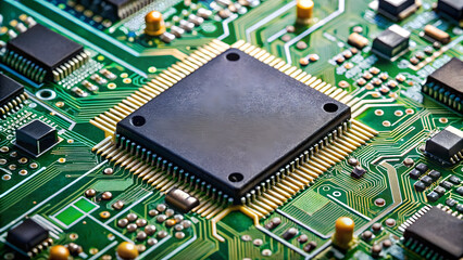 A close-up view of a computer circuit board with a central microchip