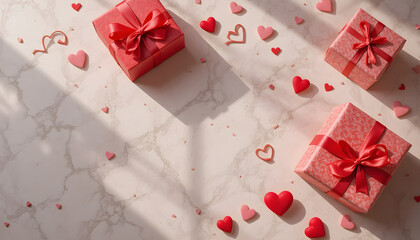 Valentine's Day Flat Lay with Red Gift Boxes and Heart Confetti on Pink Marble Table