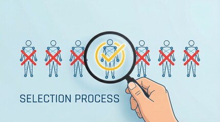 The image depicts a hand holding a magnifying glass over a row of stick figures highlighting one chosen candidate amidst many rejected applicants illustrating the