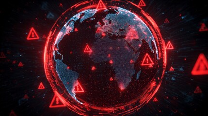 Digital rendering of a global map surrounded by glowing red warning symbols, suggesting danger and global issues against a dark background