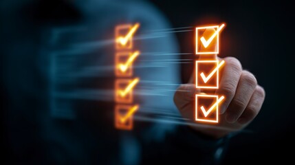 Close-up of a hand with glowing fingertips touching check marks representing task completion, on a dark, blurred background