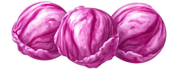 Obraz premium Three vibrant ice cream balls displayed together on a clean white background