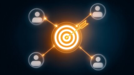 Glowing digital representation of a bullseye with an arrow, connecting to user icons, against a dark blue background