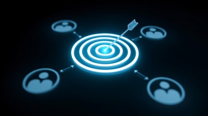 Glowing target with an arrow centered, connected to silhouetted figures on a dark background. Business concept