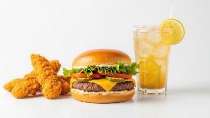 A food and beverage commercial background with a classic burger, crispy chicken tenders, and a cold iced drink on a bright white background for clean branding.