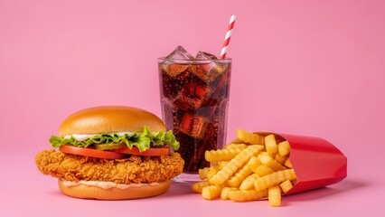 A commercial background image of a value meal combo with a crispy fried chicken sandwich, golden fries, and a cold soft drink on a vibrant pink background.