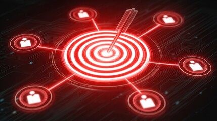 Glowing target with a dart at center, surrounded by interconnected user icons, set on a dark tech-inspired background