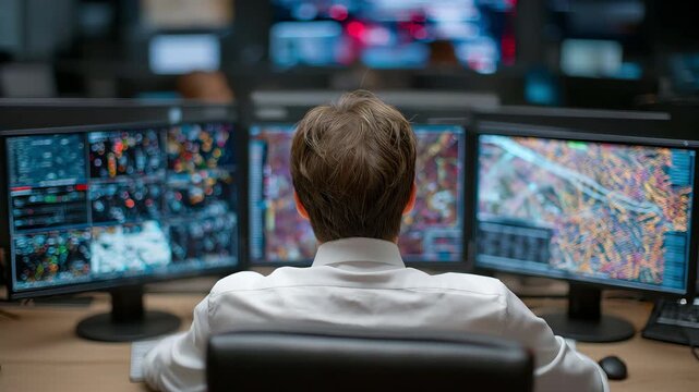 To detect and reduce cyber hazards affecting business operations, cybersecurity experts keep an eye on threat warnings on computer monitors.