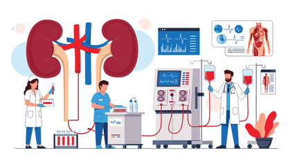 Fototapeta premium Medical team performing dialysis on a patient, with illustrations of kidneys and advanced medical equipment for blood filtration.