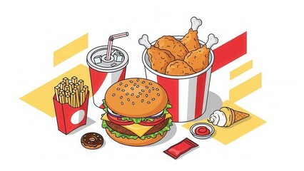 Modern isometric perspective fast food burger and fried chicken marketing background
