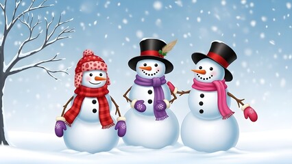 Three smiling snowmen in winter wonderland