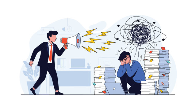 Angry boss yelling with a megaphone at a stressed and overworked employee sitting amongst piles of paperwork in an office.