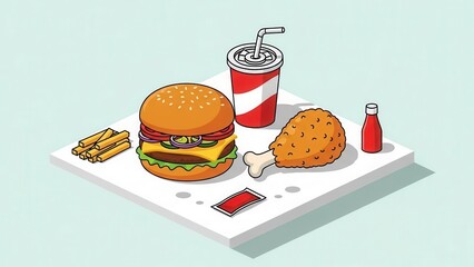 Modern isometric perspective fast food burger and fried chicken marketing background