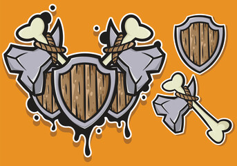 Primitive Prehistoric Stone Axe and Wooden Shield Vector Illustration