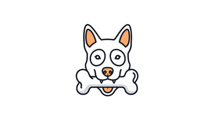 Fototapeta premium Simple and cute cartoon icon of a happy white dog holding a large bone in its mouth, a symbol for pet care.