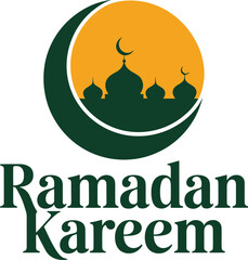 Ramadan Kareem text with crescent moon and mosque silhouette 1
