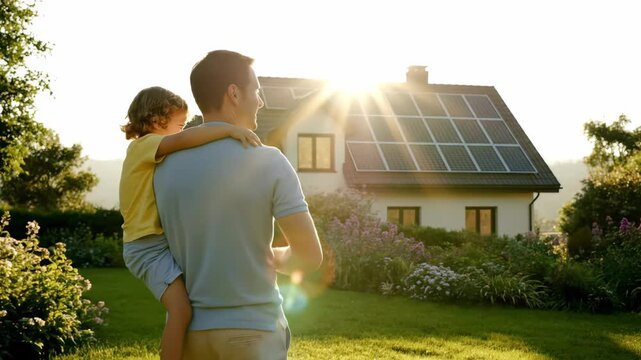 Father carrying young child looking at house with rooftop solar panels in bright summer sun, concept for solar energy advertising, family financial planning and ecological sustainability