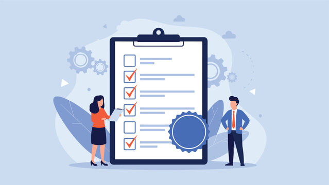 Business people standing by a large checklist on a clipboard with a quality seal, representing compliance and standards.