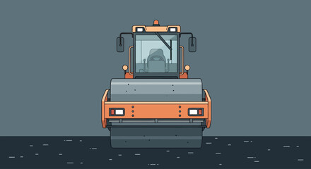Front view of an orange road roller compacting a dark grey surface in a flat illustration style.