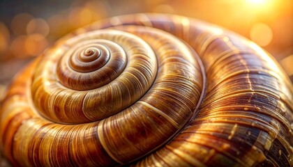 Macro shot of a snail shell spiral with golden sunlight illuminating its textured surface