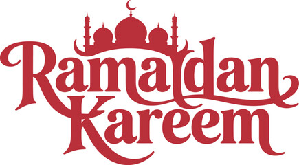 Red Ramadan Kareem calligraphy with mosque silhouette