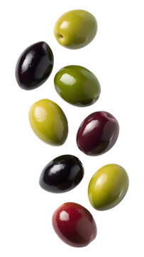 Falling green and black olive isolated on white background
