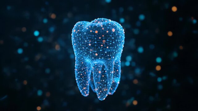 Glowing blue digital tooth structure displayed as a plexus network on a dark background, concept for advanced dental diagnosis, medical presentation and biotechnology