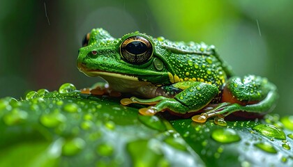 Obraz premium Close-up of a vibrant green frog perched on a leaf glistening with raindrops