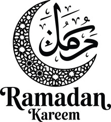 Black Ramadan Kareem text with crescent moon and Islamic pattern