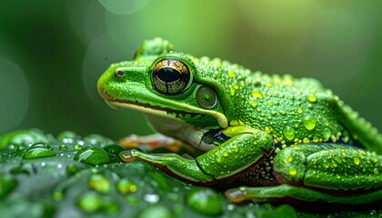 Fototapeta premium A close-up, vibrant green tree frog sits peacefully on a wet leaf, its skin glistening with tiny water droplets, surrounded by soft, blurred green foliage