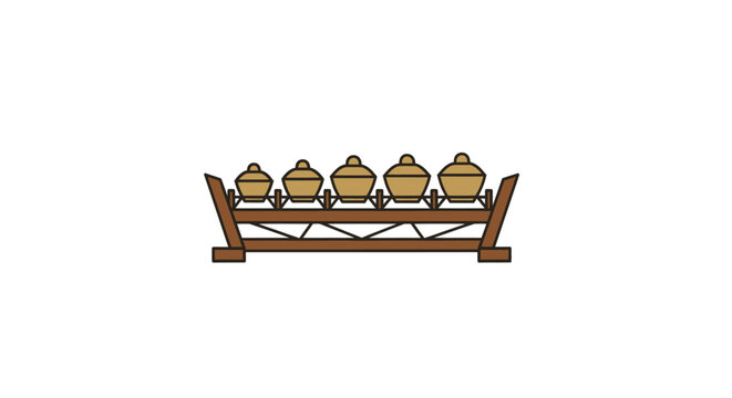 Traditional Gamelan Bonang Instrument with Five Pot Gongs on Wooden Frame.