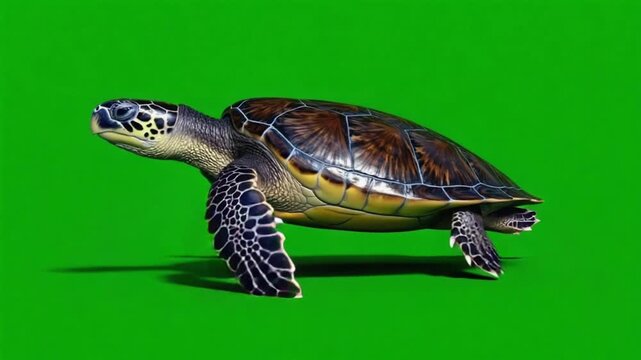 Sea turtle walking on green screen with vibrant colors and detailed texture