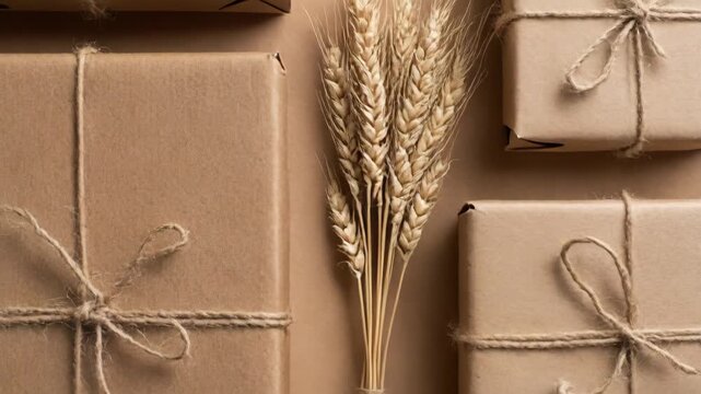 Wrapped Brown Paper Packages with Twine on Beige Background with