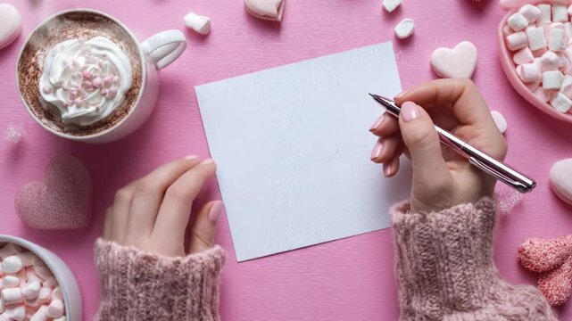 A top-down view captures a person's hands, clad in a cozy knitted sweater, thoughtfully writing a heartfelt message on a blank white card with a pink pen. The inviting pink backdrop is adorned with ch