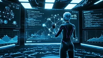 Futuristic female figure interacting with holographic data displays in a high-tech control room. - Powered by Adobe