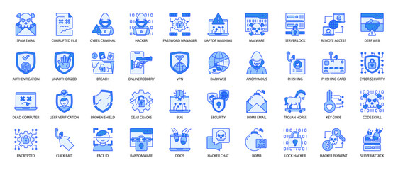Cyber Crime and Digital Security Threat Blue Icon Pack