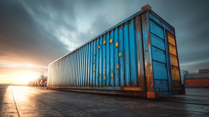 Shipping container with European Union flag at sunset.