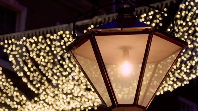 South Audley Victorian Street Lamp, Christmas Fairy Lights, Illuminated Festive Holiday Decorations, Night, Mayfair, Central London, United Kingdom