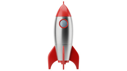 Silver and Red Rocket Ship in Futuristic Design with Bright Studio Lighting on Isolated White Background for Technology Branding