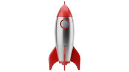 Silver and Red Rocket Ship in Futuristic Design with Bright Studio Lighting on Isolated White Background for Technology Branding