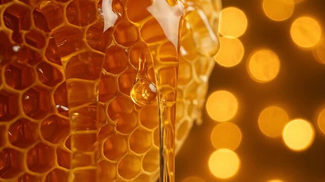 Macro shot of thick golden honey dripping down raw organic honeycomb structure against a warm bokeh background, concept for food packaging, natural sweeteners and healthy product advertisements